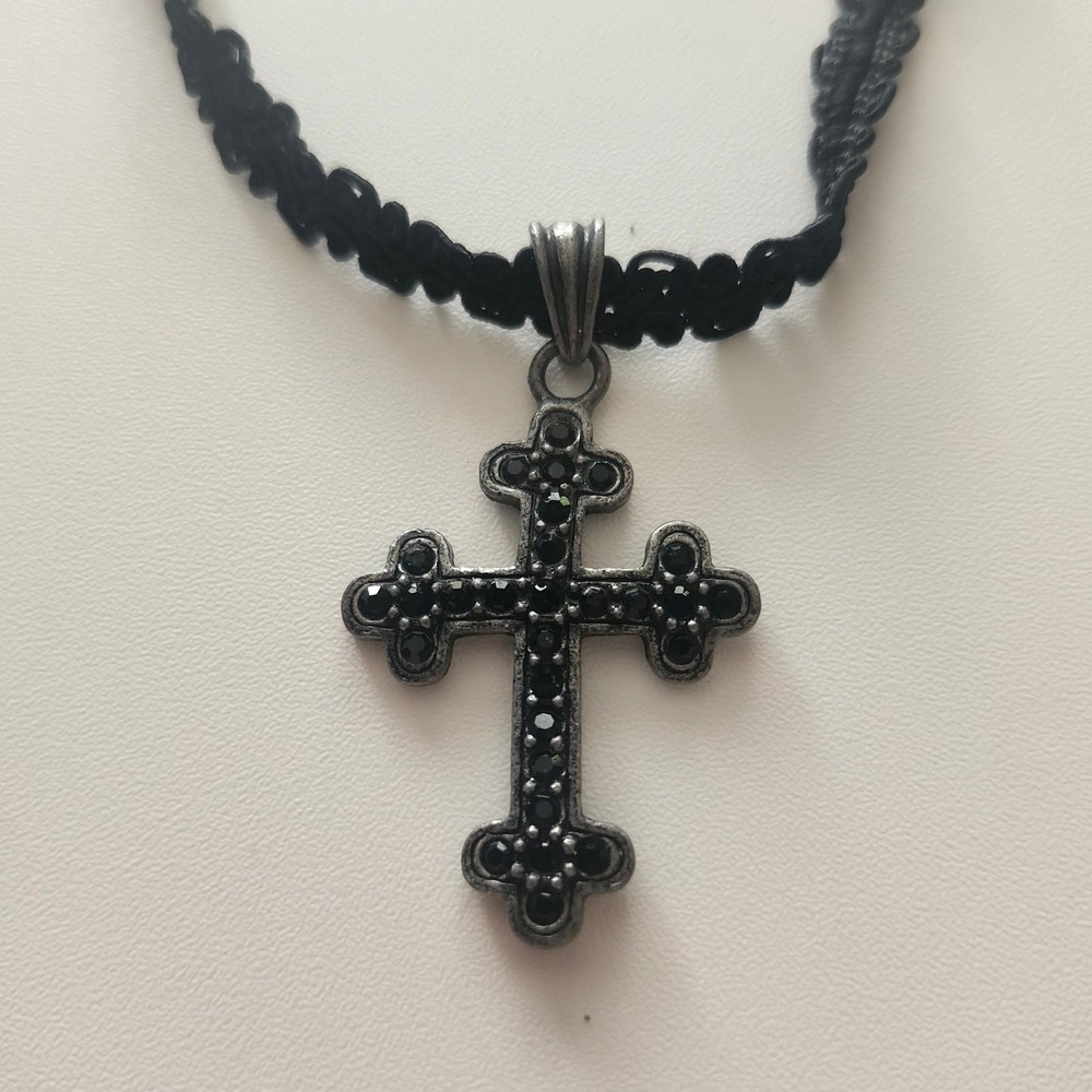 Icing Gothic Black Rhinestone Cross Pendant Necklace Braided Cord Silver Tone